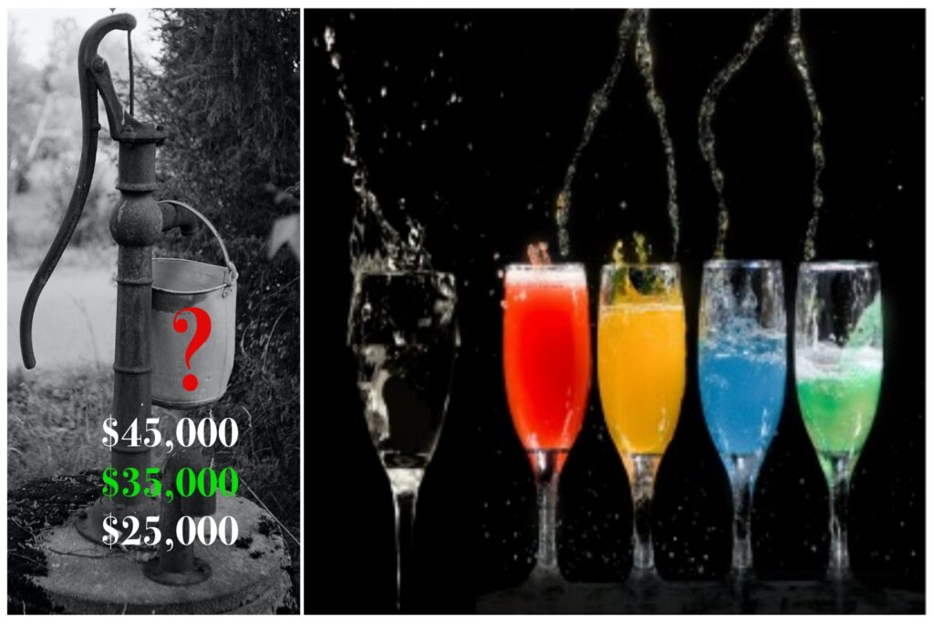 Choices graphic: well-water bucket versus 5 stemmed glasses of colorful sparkling beverages